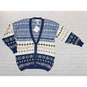 Vtg 90s Lands End Fair Isle Cardigan Womens MED Blue Grandpa Sweater Cottage
